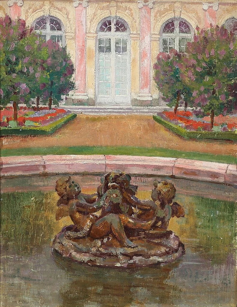 Lili Elbe - Veduta di una fontana da giardino con putti che giocano